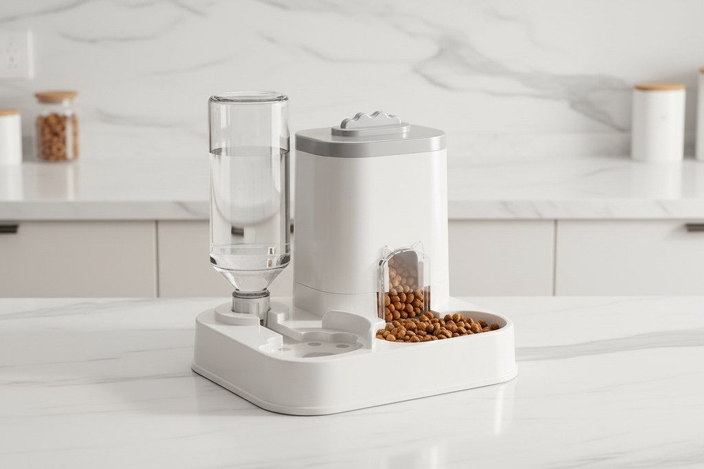 Automatic Pet Feeder on marble countertop