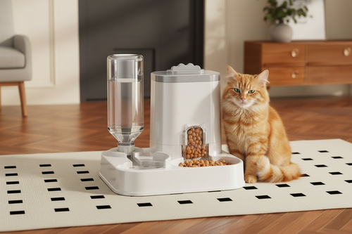 Cat next to Automatic Pet Feeder