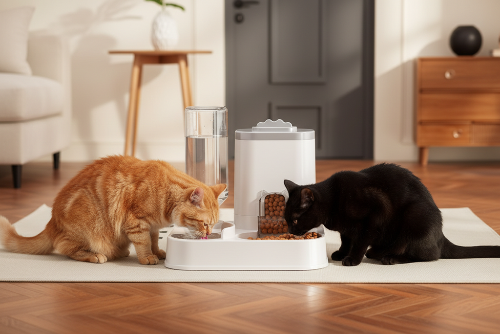 Two cats using the Automatic Pet Feeder