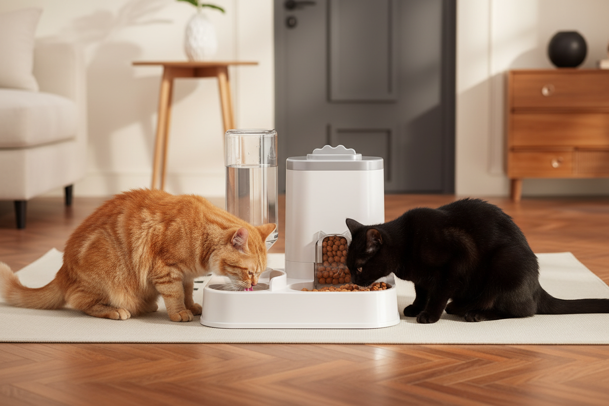 Two cats using the Automatic Pet Feeder
